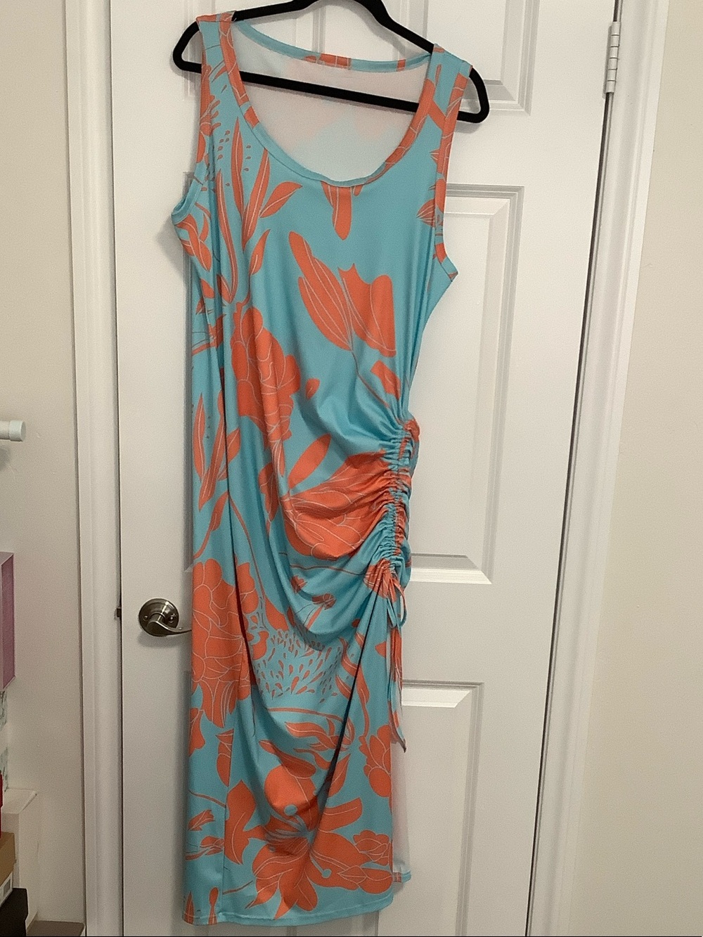 SHEIN Aqua and Coral Floral Sleeveless Ruched Midi Dress